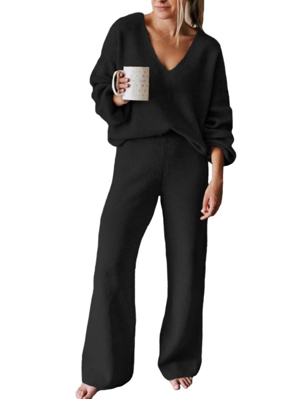 Women's 2 Piece Outfits Casual V Neck Knit Wide Leg Sweater Lounge Set Sweatsuit